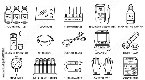фотографія Professional gold testing equipment icons, 15 jewelry assay tool vectors, precio