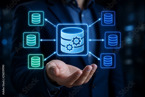 Businessman interacting with digital database and cloud storage network interface