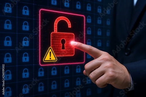 Businessman touching glowing red digital lock icon on futuristic interface
