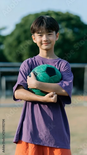 Boy portrait holding a soccer ball in front of goal on a grass field closeup for youth sports poster and team roster design