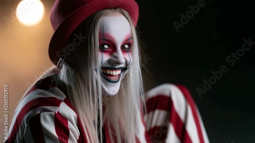 Creepy female clown in red hat and striped suit with dramatic makeup for horror poster and event banner background