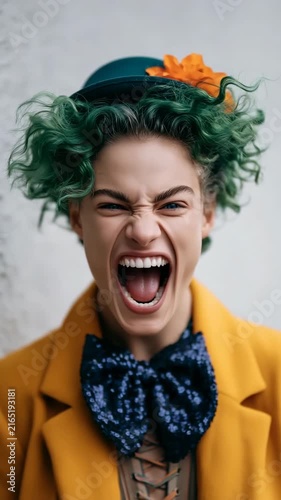 Closeup portrait of person with green curly hair and open mouth scream wearing mustard coat and sparkly bow tie for vibrant fashion portrait background and editorial use