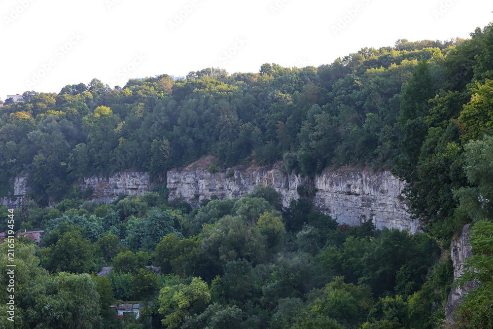Fototapeta premium Green forest and rocky cliff in a valley during the late afternoon