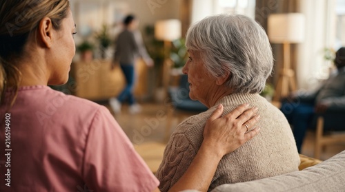 Comfort and Care: A compassionate caregiver offers solace and support to an elderly woman, her hand gently resting on the woman's shoulder.