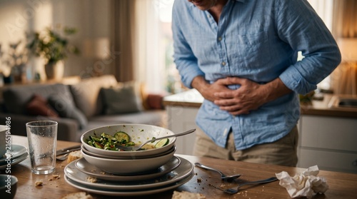 Digestive Discomfort After Meal: A man clutches his stomach in discomfort at a messy dining table after a meal, experiencing indigestion or stomach pain.