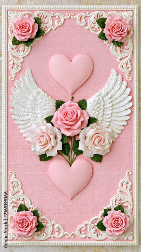 Fototapeta premium Pink hearts and roses with angel wings on textured background