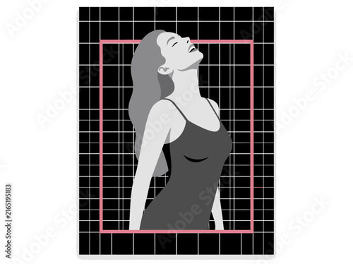 Modern Aesthetic Illustration of a Joyful Woman on Retro Cyberpunk Grid Background with Pink Frame