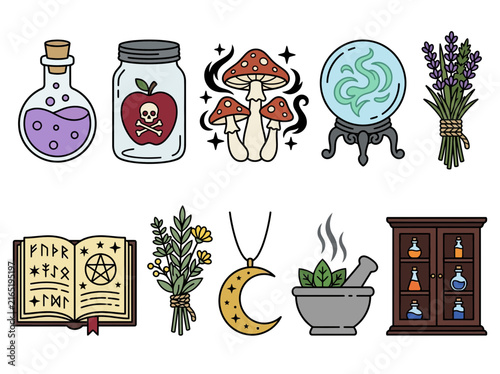 Magic Witchcraft Alchemy Icon Set with Grimoire, Potions, and Mystical Tools