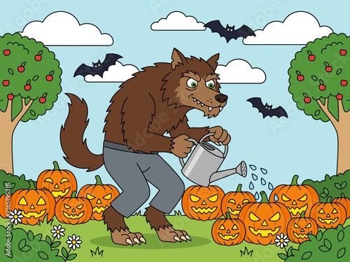 Funny Cartoon Werewolf Watering Halloween Pumpkin Patch Illustration