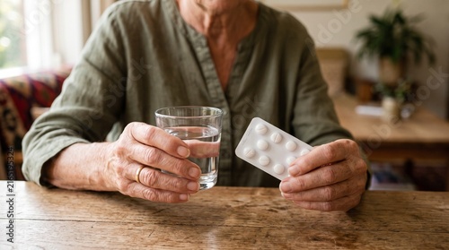Elderly woman taking medicine, A close-up shot of an elderly woman's hands holding a glass of water and a blister pack of pills, signifying care and well-being.