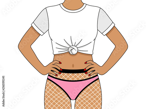 Vector illustration of woman wearing knotted white t-shirt, pink underwear, and fishnet stockings