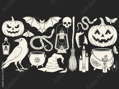 Halloween Witchcraft and Occult Icons Set with Pumpkins, Bats, and Skulls