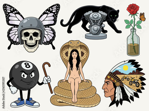 Biker and Tattoo Flash Vector Illustration Set