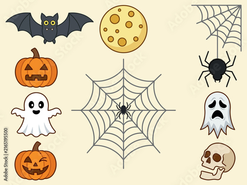 Flat Vector Halloween Icon Set with Pumpkins Ghosts and Spiders