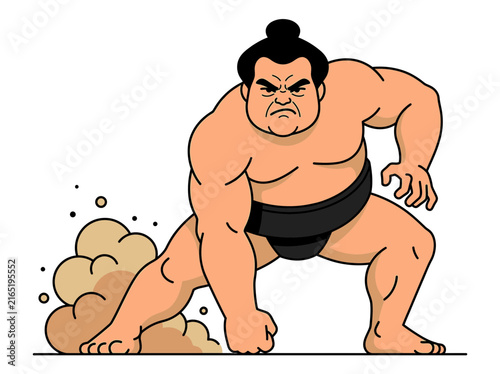 Powerful Sumo Wrestler Cartoon Vector Illustration in Attack Stance