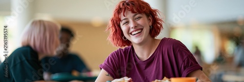 Young people laughing together in a bright cafeteria setting for lifestyle website banner and social media background