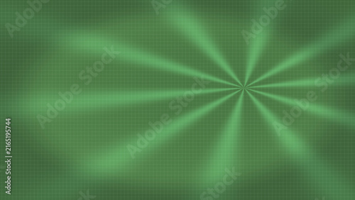 Abstract radiant green light rays emanating from a central point on a textured grid surface creating a dynamic luminous effect for digital designs and creative concepts perfect for technology