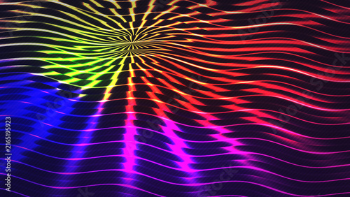 Vibrant multicolored wavy lines emanating from a central point creating a psychedelic abstract explosion of light and color for festive celebrations and digital art backgrounds