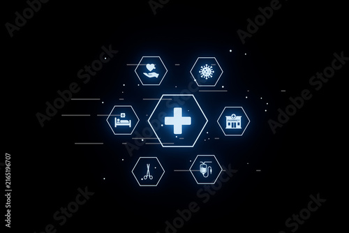 Health icons display for medical services and health information during digital transformation in healthcare systems
