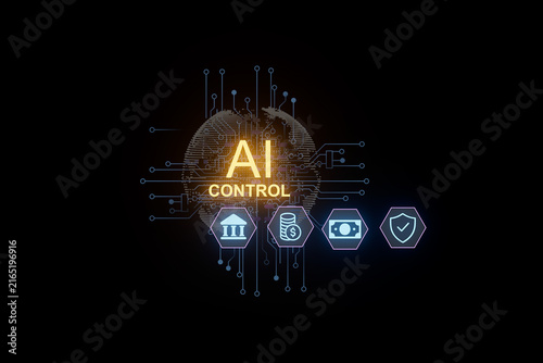 Exploring AI control with technology symbols and financial elements in a digital design