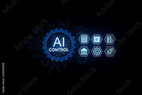 Control center for AI operations and management with various digital icons and symbols