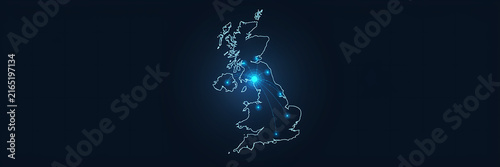 United kingdom map with glowing city lights connected by blue lines on dark background
