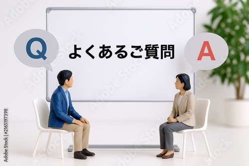 Obraz na płótnie よくあるご質問の案内をQ&A表示と人物フィギュアで分かりやすく伝える説明シーン
