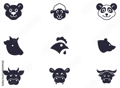 Collection of farm and zoo animal silhouettes with transparent background, bear panda sheep chicken