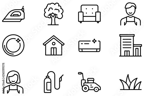 Collection of household and outdoor service iron, tree, armchair, gardener, plate, house, air conditioner, building, maid, sprayer, lawn mower, grass