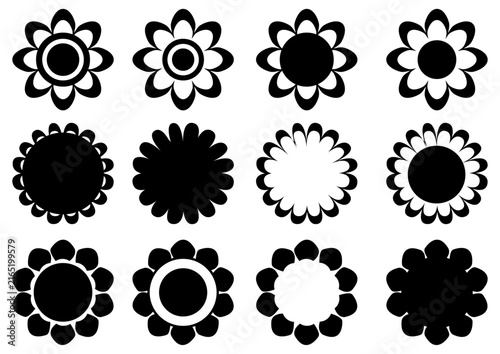 Collection of twelve stylized black and white flower silhouettes on white background, symbol