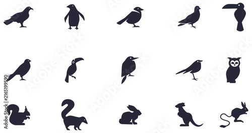 Collection of silhouette animals: birds, squirrel, skunk, rabbit, kangaroo, and jerboa