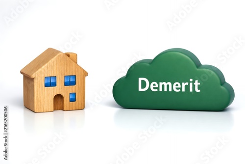 Obraz na płótnie 木製の家とDemerit雲が住宅やサービスの欠点と注意点を分かりやすく示す比較判断イメージ