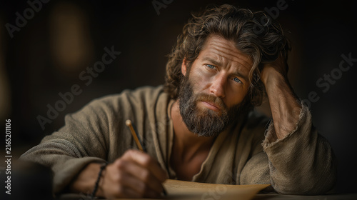 Isaiah writing his prophetic book on scrolls in an ancient biblical setting with divine inspiration atmosphere