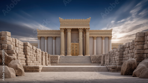Close-up view of Solomon’s golden temple architecture with intricate details and ancient biblical sacred craftsmanship