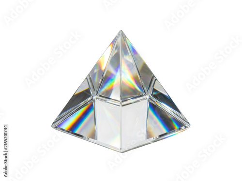 Photorealistic 3d cgi render of clear glass gem crystal pyramid isolated on background for professional graphic design