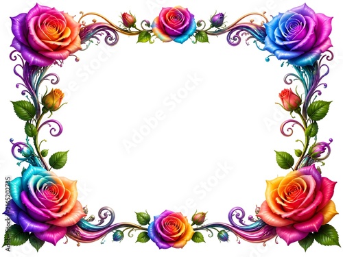 surreal fantasy Bright colorful rose frame border isolated on white background