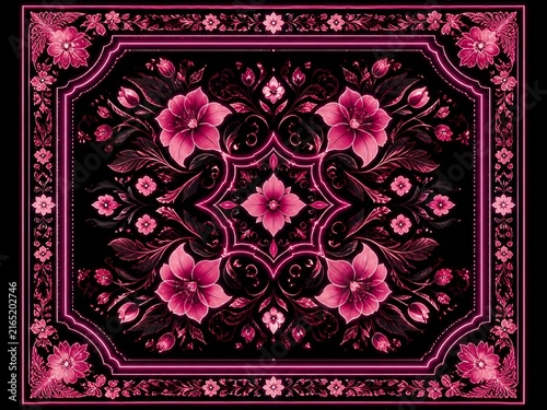 surreal fantasy Pink and black with a stylized flowers pattern. Neon effect