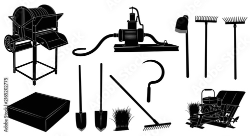 Canvastavla Garden tools and equipment in black silhouette on white background with collecti
