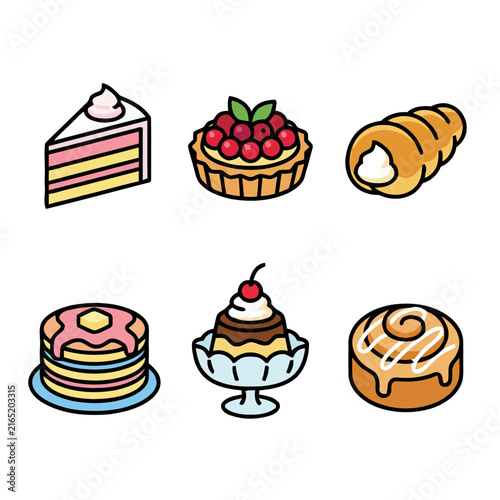 Set of delicious hand drawn bakery icons featuring cakes, pastries and sweet desserts.
