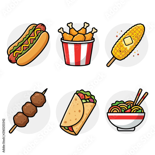 Set of fast food icons including hot dog, fried chicken, corn, kebab, burrito and noodles.