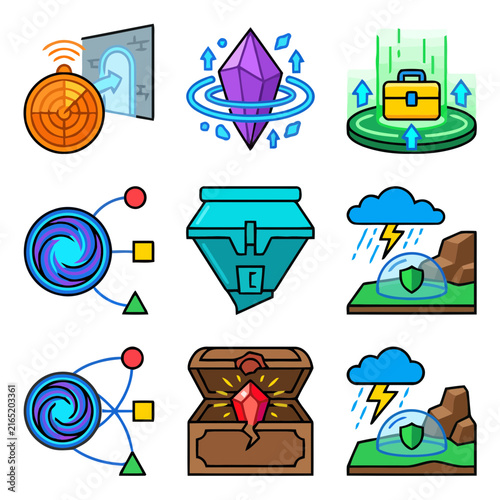 Set of fantasy game icons with magic crystals, treasure chests, portals and shield barriers.