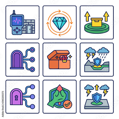 Set of flat vector icons representing security, technology, and logistics concepts.