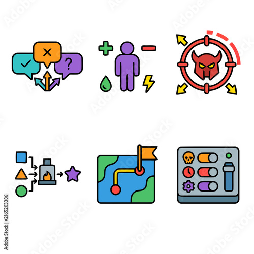 Set of colorful flat line icons representing game mechanics and user interface elements.