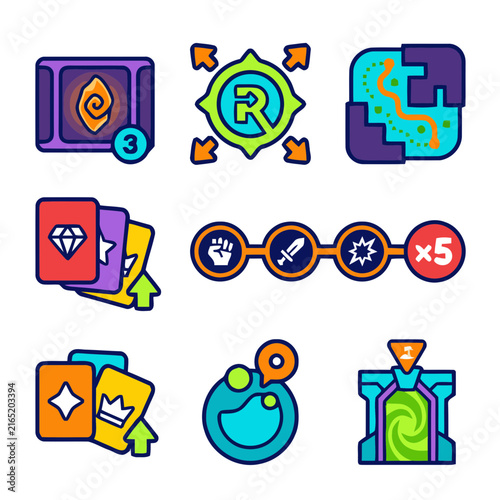 Set of colorful mobile game UI icons and fantasy RPG interface elements