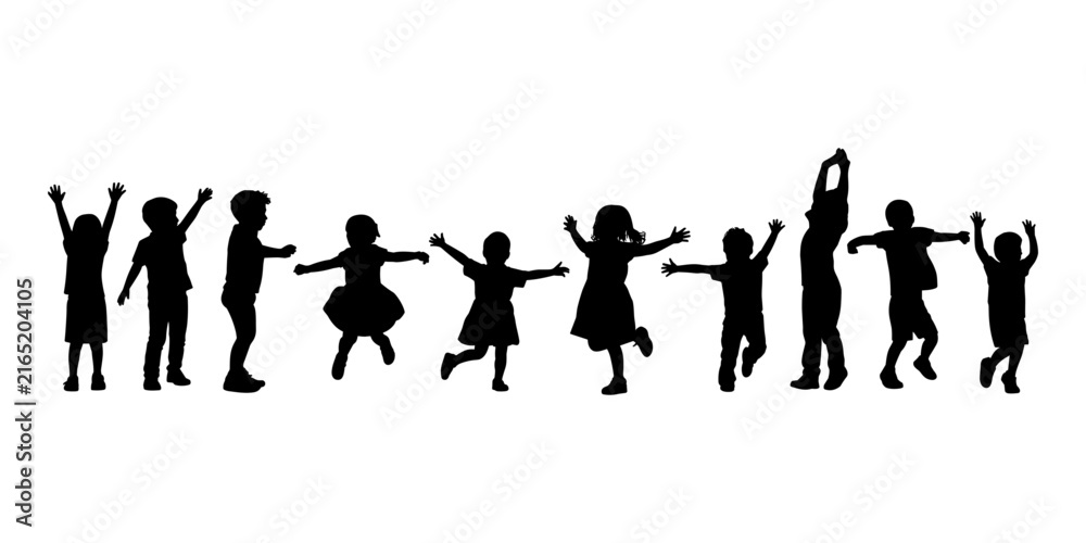 Obraz premium Group of children silhouettes standing in a row with arms raised, isolated on a white background des