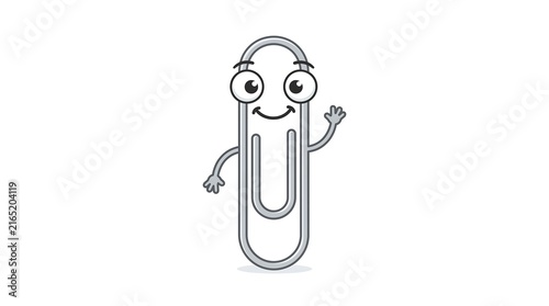 Friendly paperclip character waving hello with big eyes and smile stands isolated on white backdrop.