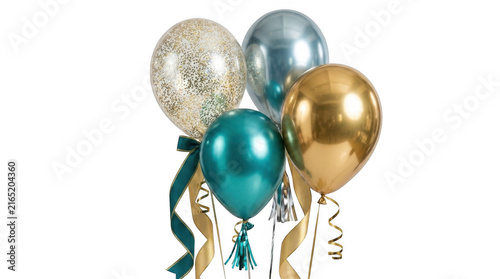 Fotografie A bunch of shiny gold teal and silver balloons with curling ribbons for a birthd