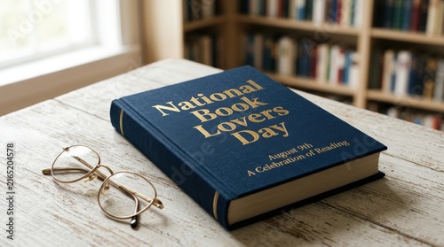 A blue hardbound book entitled National Book Lovers Day rests on a textured white wooden surface alongside vintage metal framed reading glasses in a library setting