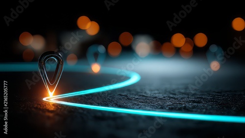 Futuristic digital map pin on glowing neon path, blue light trail connecting location markers, modern logistics and navigation concept