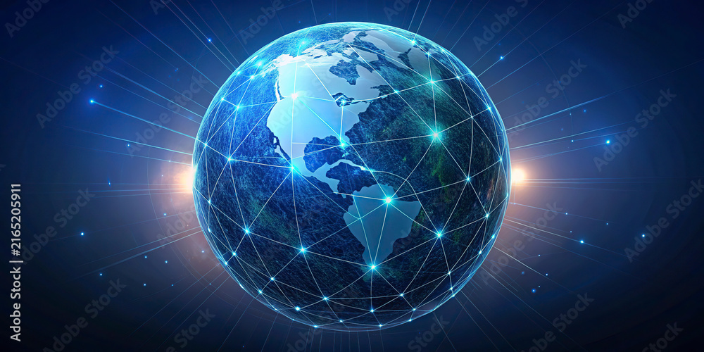 Naklejka premium Digital Earth Globe with Network Connections and Bright Light